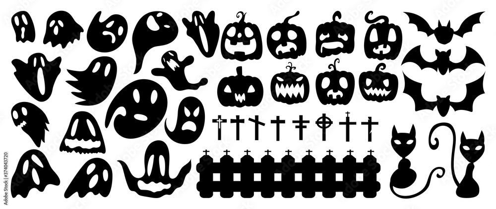 Obraz premium Cute and funny Halloween vector set. Silhouette cartoon characters elements for children. Pumpkin, ghost, cat, bat and more. Isolated icons and holiday symbols for for invitations and packaging.