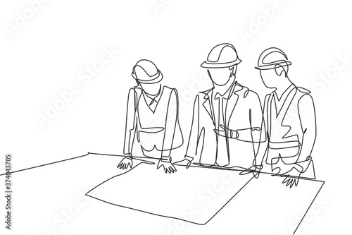 One continuous line drawing team of young architects presenting construction sketch draft blueprint design to manager. Building architecture business concept. Single line draw design illustration