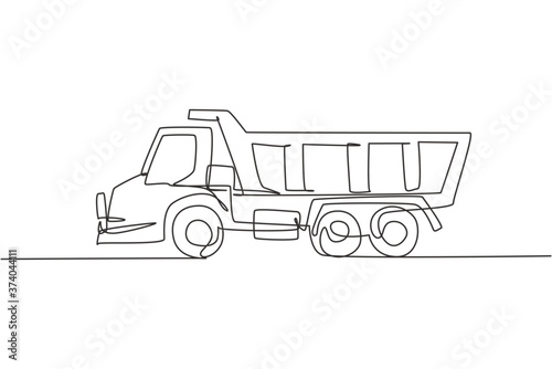 One single line drawing of long trailer truck vector illustration. Container truck for cargo logistic, business commercial vehicles. Heavy machines vehicles concept. Modern continuous line draw