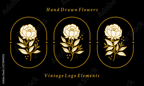 Vector feminine logo design templates in trendy linear minimal style. Peony flowers and botanical leaf branch. Symbols and icons for cosmetics, jewellery, beauty and handmade products