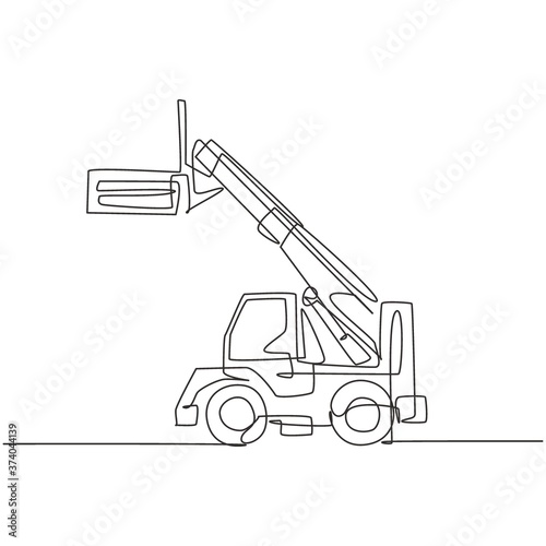 Single continuous line drawing of forklift for loading goods in warehouse, commercial vehicle. Heavy loader machines equipment concept. Trendy one line draw design graphic vector illustration