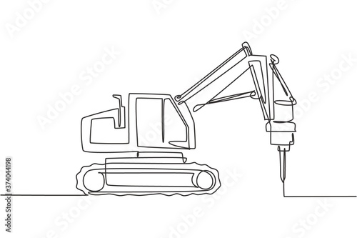 One single line drawing of truck driller for soil earth drilling vector illustration, commercial vehicle. Heavy digger machine construction concept. Modern continuous line draw graphic design