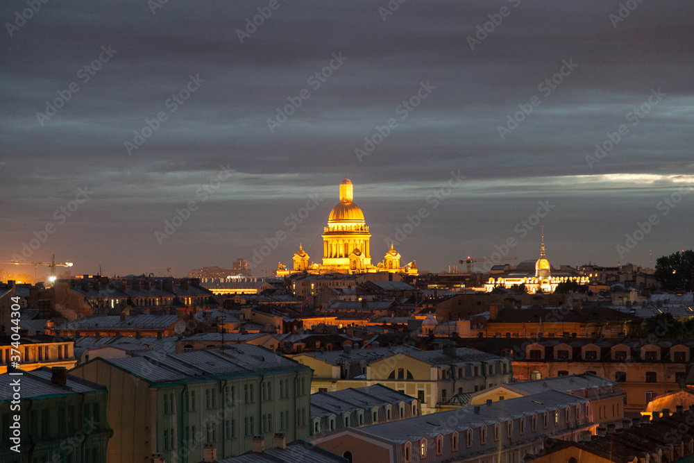 Saint Petersburg  night rooftop cityscape with view on St Isaac's cathedral