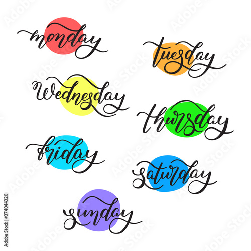 Lettering days of the week - Monday, Tuesday, Wednesday, Thursday, Friday, Saturday, Sunday. Handwritten words for calendar, weekly plan, organizer.