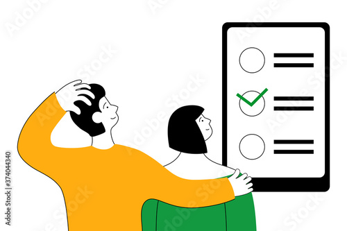 Online voting. A young family makes a choice. Flat illustration.