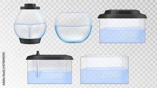 Realistic glass aquarium vector set. Fishbowl with water isolated on transparent background. Different forms of glass aquarium. Illustration objects