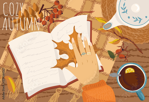 Woman stay at home, drink tea and read a book. Autumn mood hand drawn vector illustration. Fall season poster. Maple leaf as a bookmark for a diary. Autumn cozy time