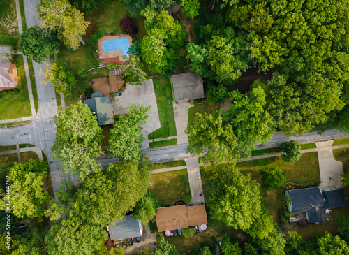 Residential sleeping area in street in the a small town in modern recreation area with above aerial view Cleveland Ohio US