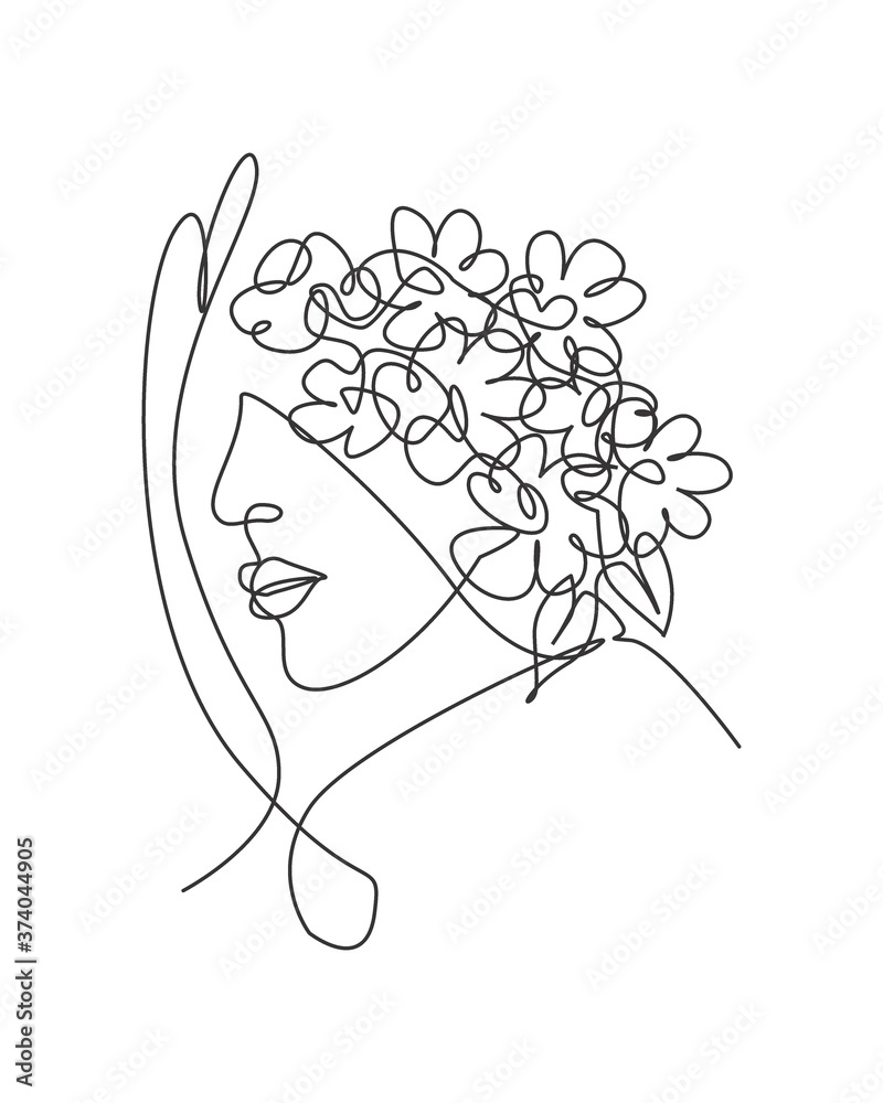 One single line drawing abstract face with natural flowers vector illustration. Beauty woman portrait minimalistic style concept for wall decor art print. Modern continuous line graphic draw design