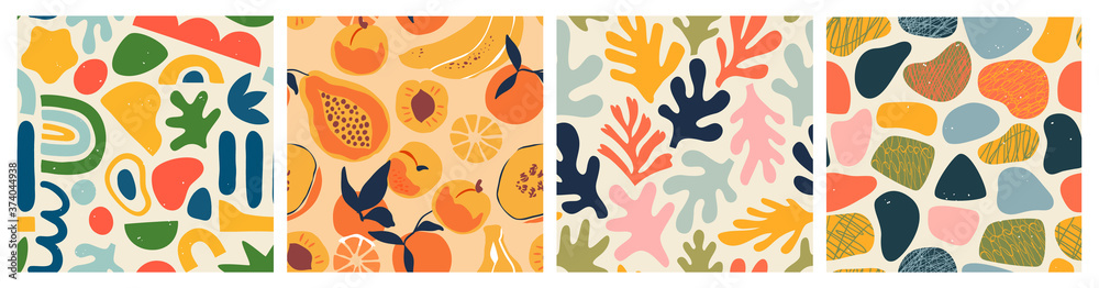 Abstract seamless pattern bundle with natural shapes, random freehand matisse wallpaper collection. Trendy fashion background includes modern minimalist art, tropical fruit and exotic summer doodles. 