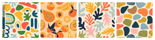 Abstract seamless pattern bundle with natural shapes, random freehand matisse wallpaper collection. Trendy fashion background includes modern minimalist art, tropical fruit and exotic summer doodles. 