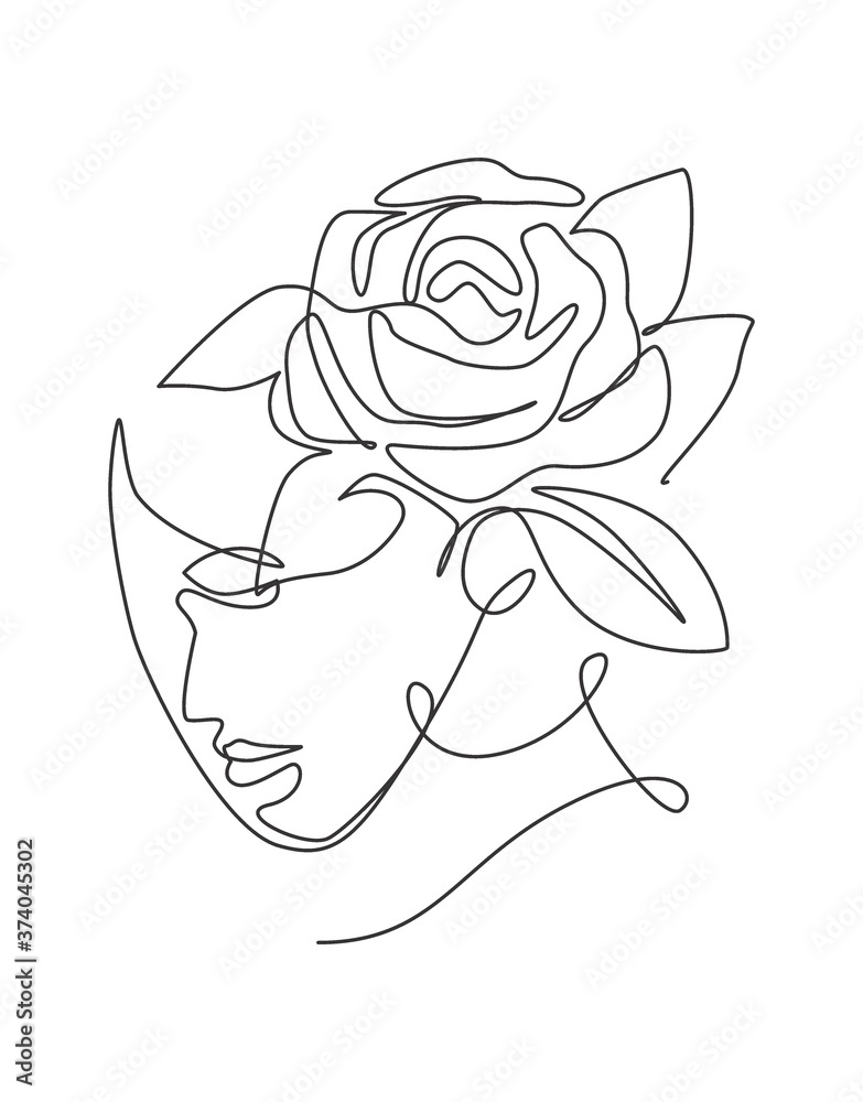 One continuous line art drawing minimalist woman portrait with flowers. Beauty contour abstract face poster wall art print design concept. Dynamic single line draw design graphic vector illustration
