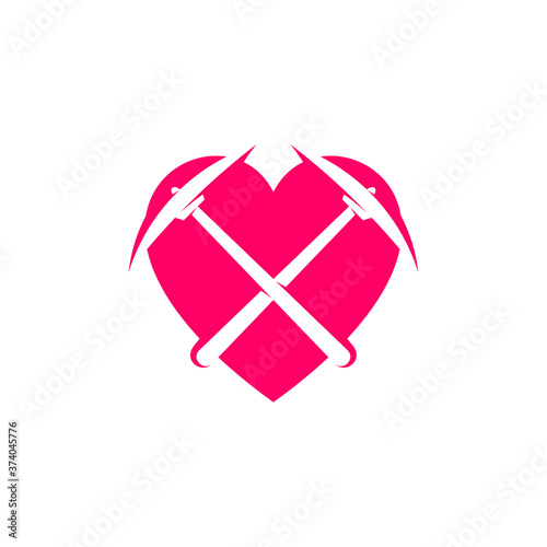 Mining logo template with Love. Stylish monochrome vector illustration.