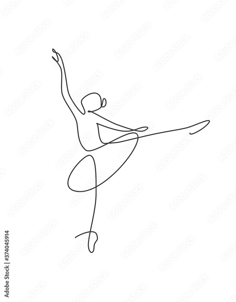 Fototapeta premium Single continuous line drawing pretty ballerina in ballet motion dance style. Beauty sexy dancer concept logo, Minimalist poster print art. Trendy one line draw design vector graphic illustration
