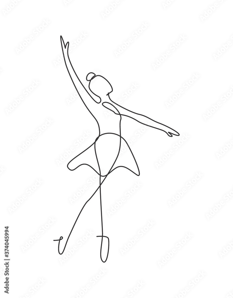 Single continuous line drawing ballerina in ballet motion dance style. Beauty minimalist dancer concept logo, Scandinavian poster print art. Trendy one line draw design graphic vector illustration