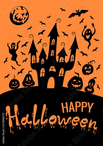 Happy Halloween poster, greeting card template: lettering, spooky haunted house on the hill, bats, pumpkin lanterns, moon. Black silhouette. Vector illustration.