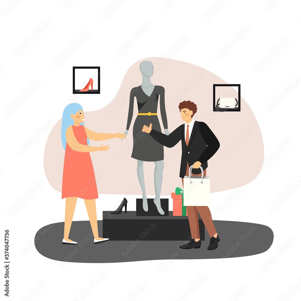 Young man buying gift black dress for his girlfriend in woman clothing store, flat vector illustration