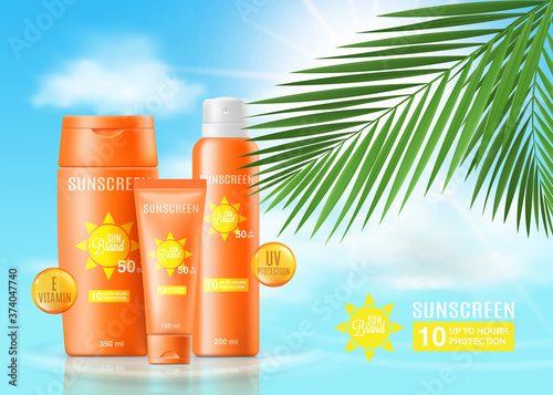 Sunscreen ad poster mockup with realistic sun protection skincare products.