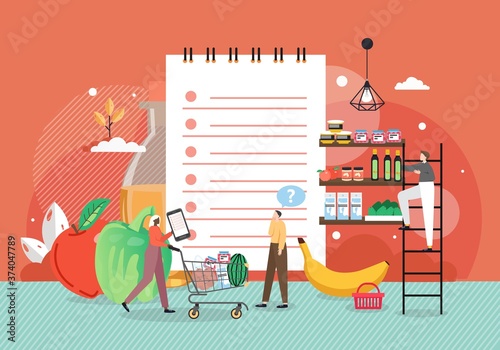Woman making purchases of food products using grocery list mobile app, flat vector illustration