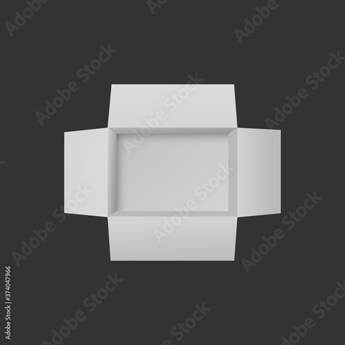 Upper view open white carton box realistic vector mockup illustration isolated.