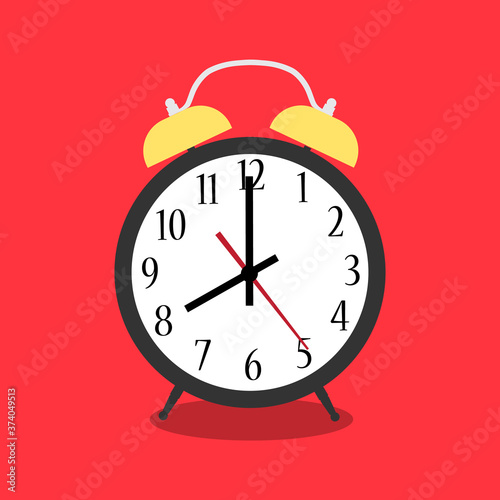 Alarm clock red wake-up time isolated on background in flat style.