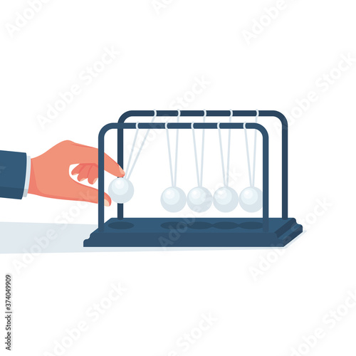Businessman launches pendulum balls. Start-up concept. Newton's cradle. Sphere hanging on threads. Vector illustration flat design. Isolated on white background.