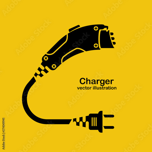 Black icon silhouette electric car charger isolated on yellow background. Eco fuel. Vector design. Electric refueling. Concept of reducing emissions of gases. Connector for charging. Plug and socket