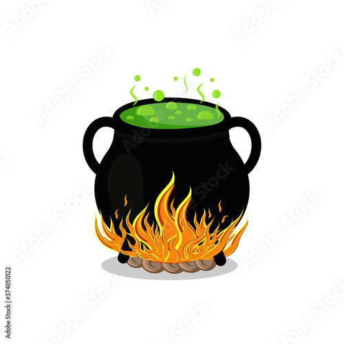 black pot on fire, color vector illustration isolated on a white background, clipart, design, decoration, icon, sign, sketch, banner, logo