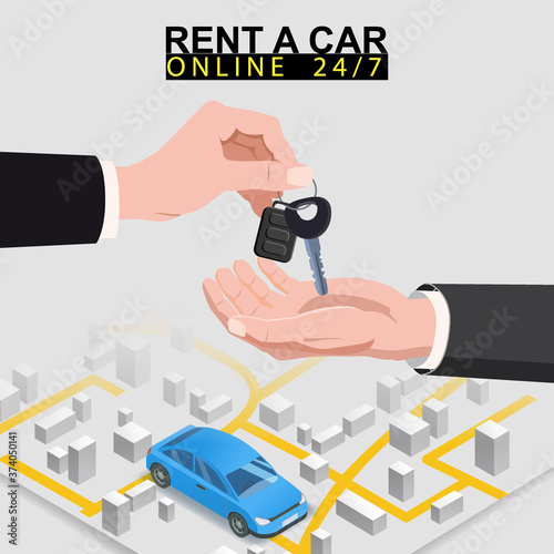 Car sharing isometric. Hand transfers car keys to another hand with city map route and points location blue car