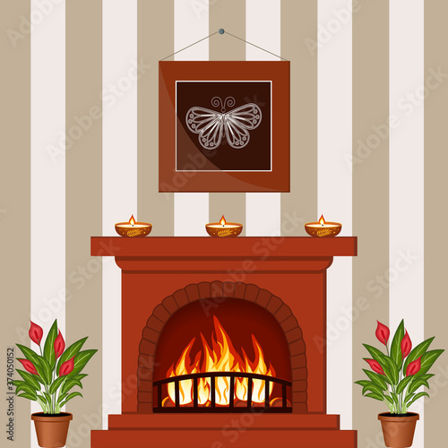 interior with a fireplace and a picture on the wall in the hugge style, color vector illustration, clipart, design, decoration, icon, sign, sketch, banner, logo