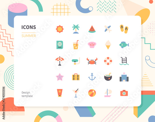 Summer color  icon set design template. flat design style minimal vector illustration.