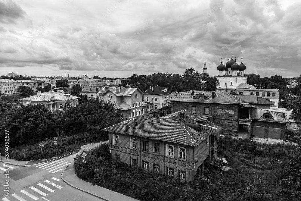 Small russian townscape  with small vintage cottages. Vologda