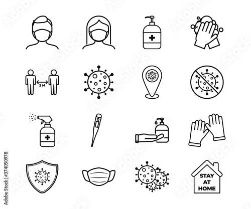 Vector illustration set of corona icons, corona virus, covid-19, 2019-nCoV, man and woman with mask, sanitizer, hand wash, social distancing, disinfectant spray, thermometer, sanitizing hands, gloves,