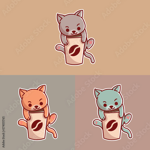 set of cute cat coffee mascot logo with optional appearance. premium kawaii vector
