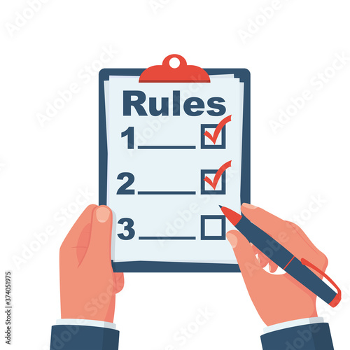 Rules concept. Businessman holding in hand clipboard with regulations. Checklist with requirements. Rule list on blank. Vector illustration flat design. Isolated on white background.