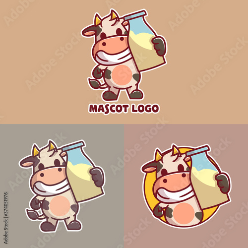 set of cute milk cow mascot logo with optional appearance. premium kawaii vector
