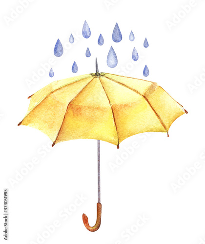 Watercolor image of yellow automatic open umbrella with blue drops of rain above. Hand drawn illustration on white background. Accessory with curved handle