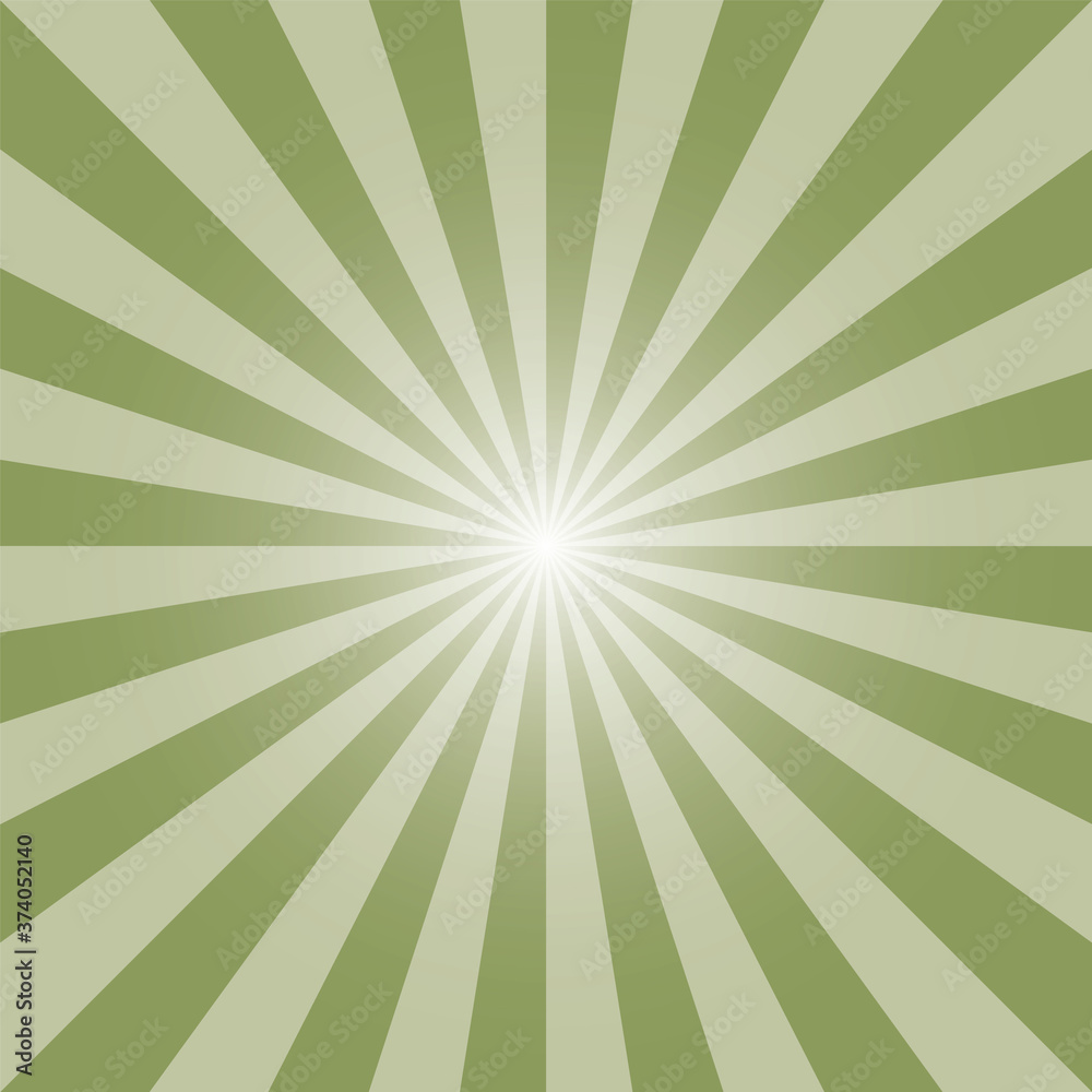 Obraz premium Green sunburst recto backdrop. Moss green rectangular strips background. Sunbeam background design for various purposes.