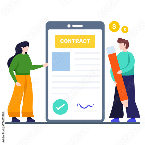 
Agreement deed inside mobile, smart contract vector design 

