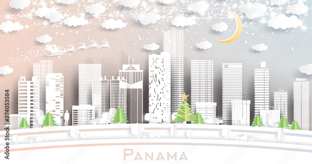 Panama City Skyline in Paper Cut Style with Snowflakes, Moon and Neon Garland.