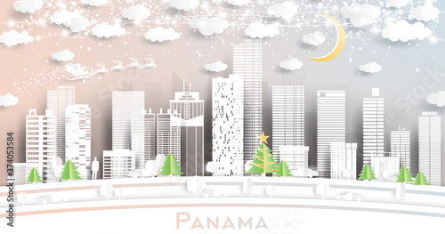 Panama City Skyline in Paper Cut Style with Snowflakes, Moon and Neon Garland.