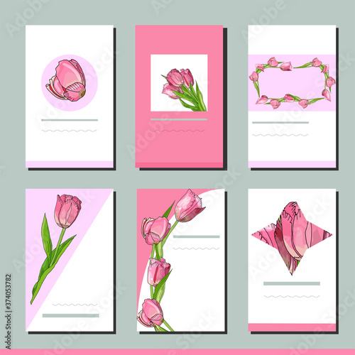 Floral spring templates with cute pink flowers tulips. For romantic and business design, announcements, greeting cards.