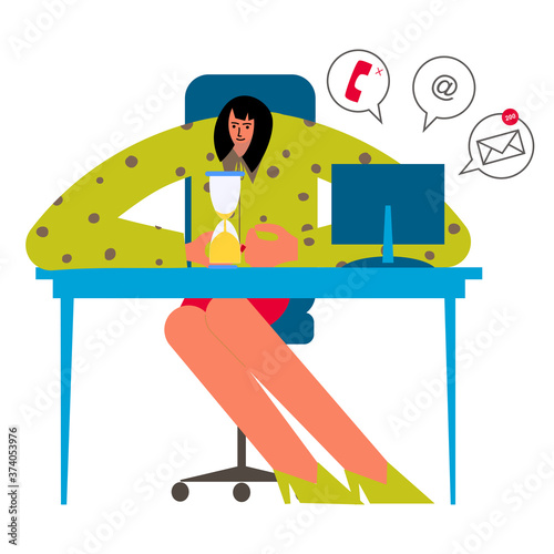 Procrastination and delaying working tasks concept. A woman is waiting for the end of the working day by abandoning work.