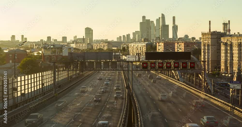 Moscow, Russia. Road traffic highway time lapse at sunset Moscow, Russia. Road traffic highway time lapse at sunset