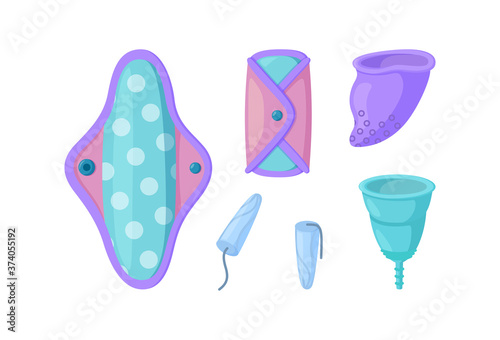 Reusable menstrual pads, cups and tampon in white background. Sanitary items for women. Isolated vector illustration in cartoon style