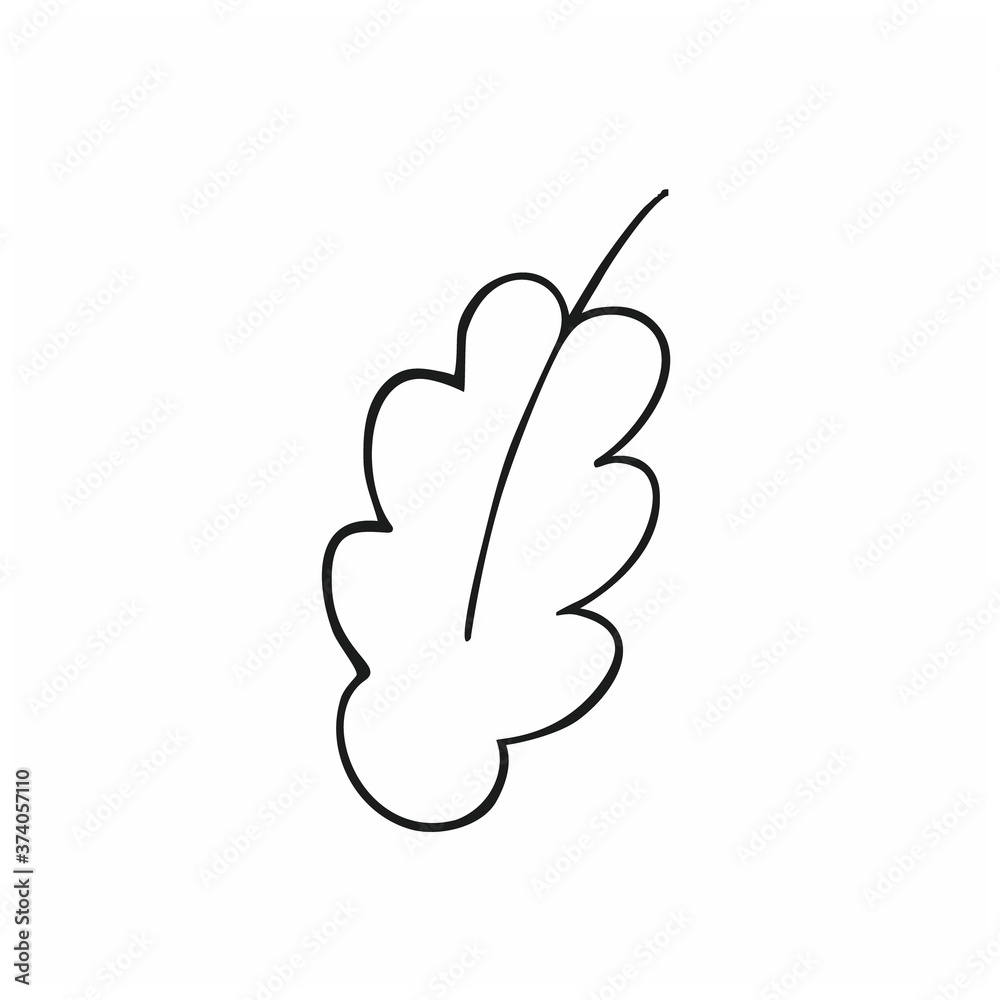 Obraz premium Autumn oak leaf. Contour Doodle illustration of a leaf from a tree. Coloring book for children. Single element, icon, symbol. Illustration for the design of a postcard, holiday. Vector black smile
