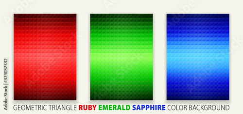 Geometric shapes triangle pyramid ruby, emerald, sapphire color background. Poster design, vector illustration.