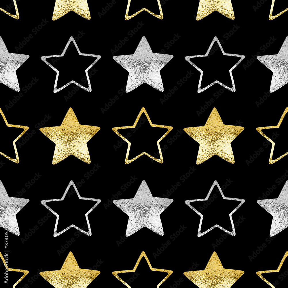 Seamless pattern golden & silver stars black background isolated, decorative shiny stars repeating ornament, bright glittering Сhristmas starry decoration backdrop, New Year wallpaper, holiday texture Seamless pattern golden & silver stars black background isolated, decorative shiny stars repeating ornament, bright glittering Сhristmas starry decoration backdrop, New Year wallpaper, holiday texture