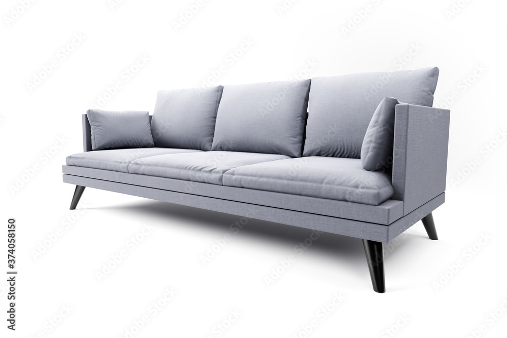Grey couch with pillows on studio white background. Grey couch with pillows on studio white background.