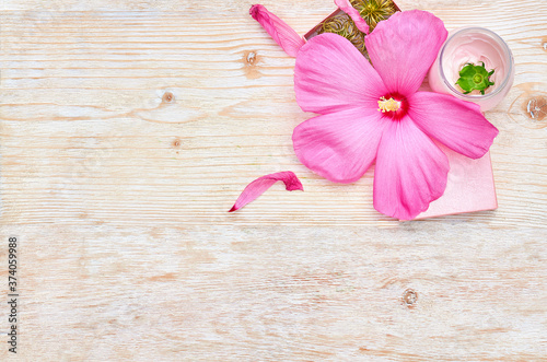 pink hibiscus flower and a jar of cream on a white wooden background. beauty products